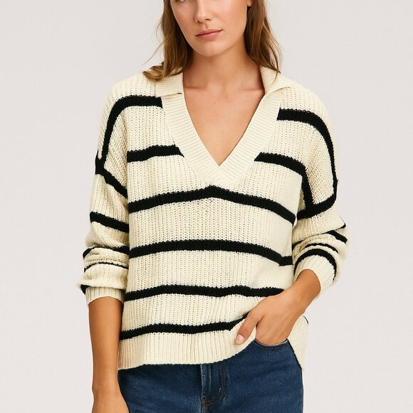 Princess Polly Sweaters - Princess Polly Striped V-Neck Sweater Parisian Transitional Fall Style Layering